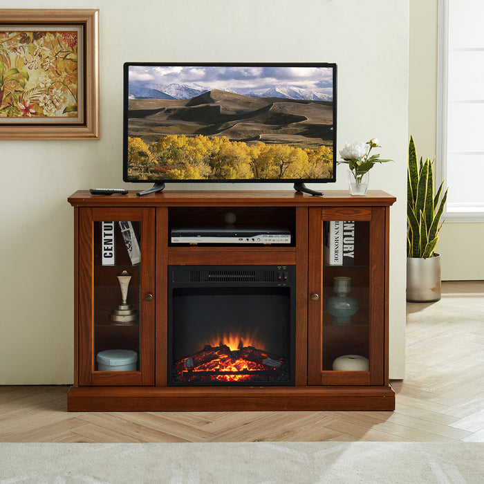 Modern Electric Fireplace TV Stand Fit up to 55" Flat Screen TV with Storage Cabinet Adjustable Tempered Glass Shelves Wood Veneer Tall Entertainment Center for Living Room, Espresso
