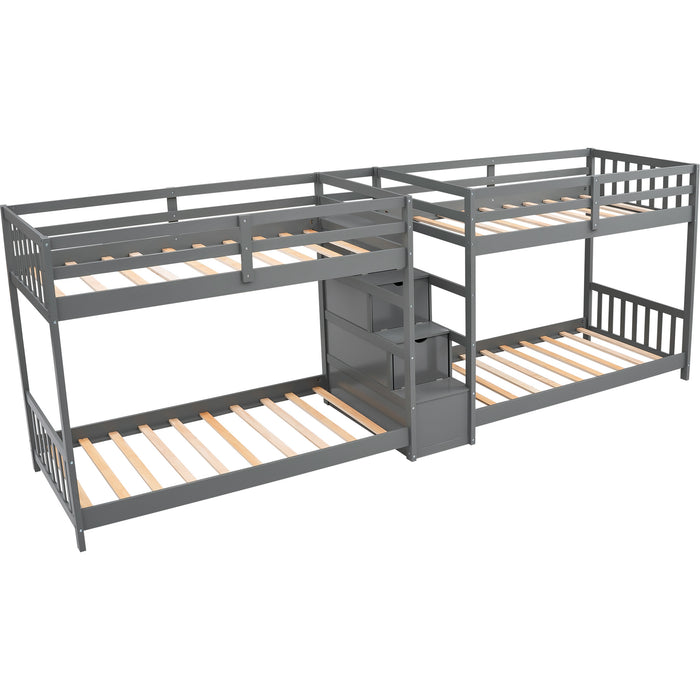 Twin over Twin Double Parallel Bunk Beds with Storage Staircase in the Middle and Full Length Guardrails, Gray