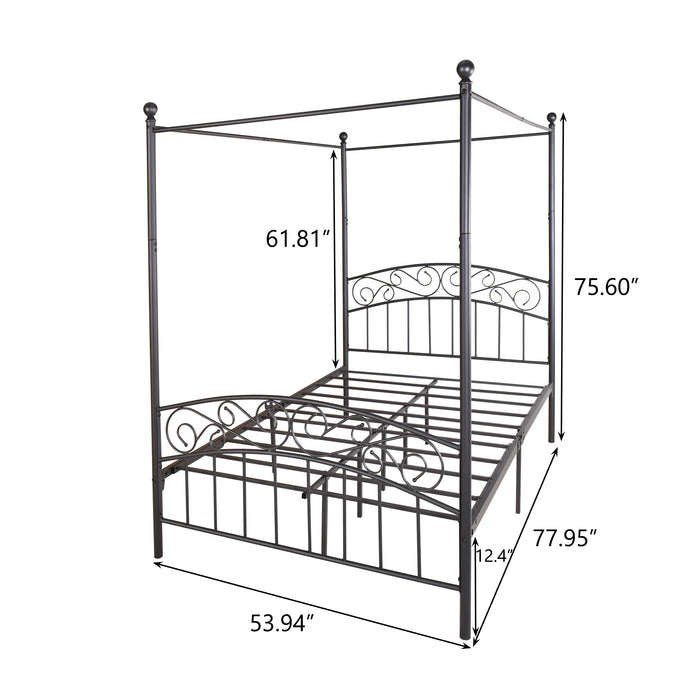 Metal Canopy Bed Frame with Ornate European Style Headboard &amp; Footboard Sturdy Steel Holds 600lbs Perfectly Fits Your Mattress Easy DIY Assembly All Parts Included, Full Black