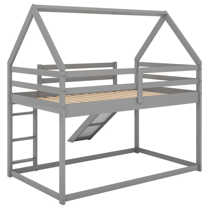 Twin over Twin Low Bunk Bed, House Bed with Ladder , White