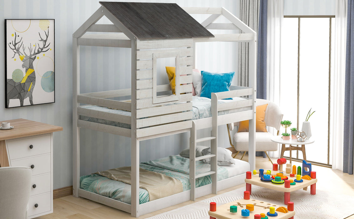 Twin Over Twin Bunk Bed Wood Loft Bed with Roof, Window, Guardrail, Ladder