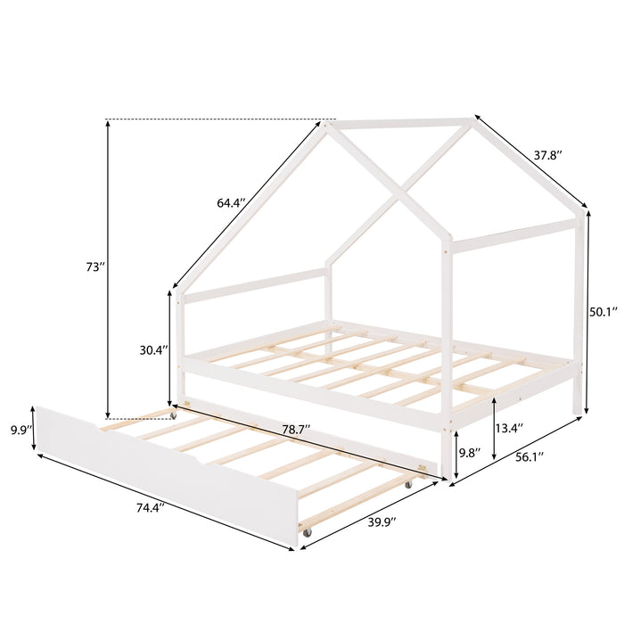 New Space Full Size Wooden House Bed With Twin Size Trundle