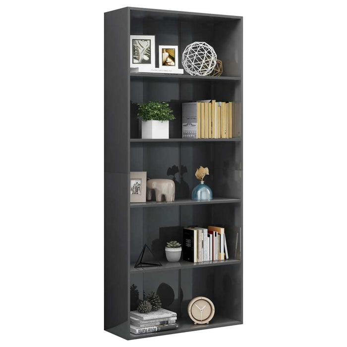5-Tier Book Cabinet High Gloss Gray 31.5"x11.8"x74.4" Chipboard