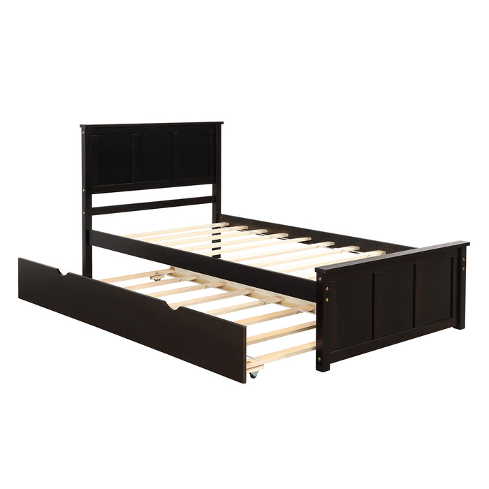 Twin Bed Frames with Headboard, Wood Twin Bed with Trundle, Platform Bed for Guest Room, Boys and Girls, Twin Size, Espresso RT