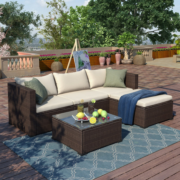 5 Pieces All-Weather Outdoor Sectional Rattan Sofa Wicker Patio Conversation Set with Glass Table and Thick Cushion
