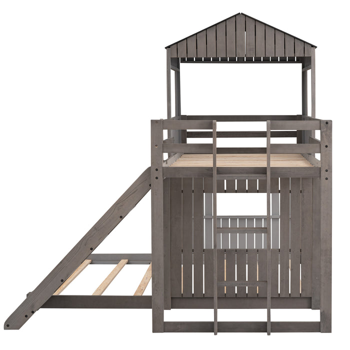 New Space Wooden Twin Over Full Bunk Bed, Loft Bed with Playhouse