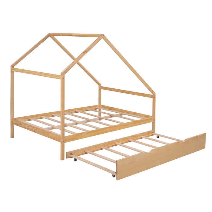 New Space Full Size Wooden House Bed With Twin Size Trundle