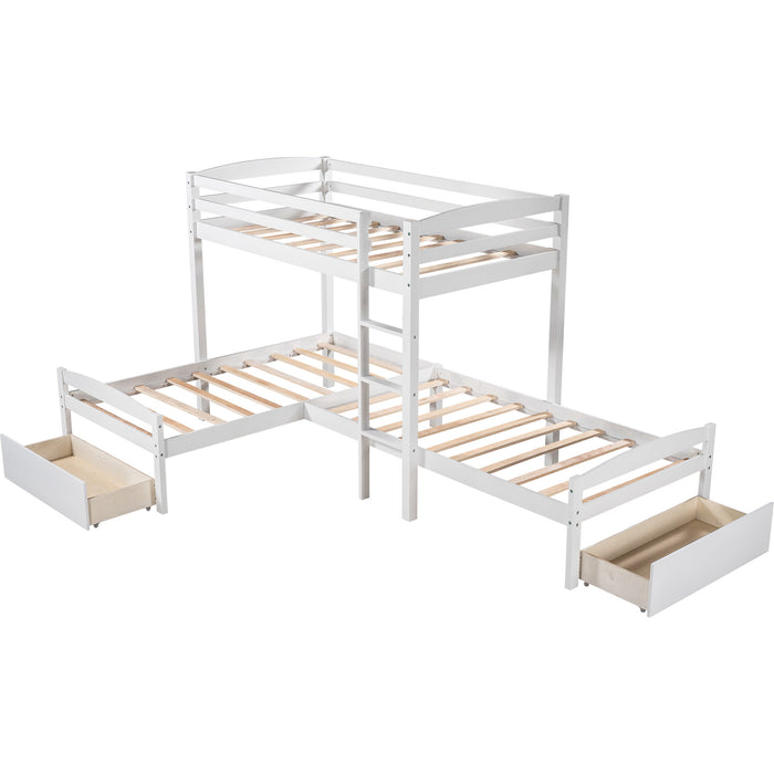 Twin Over Twin L-shaped Bunk Bed with Two Drawers, Pine Wood Bed Frame