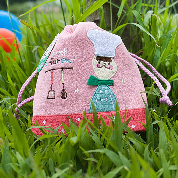 [Cook for you] Embroidered Applique Fabric Art Draw String Bag