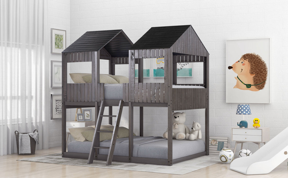 New Space Full Over Full Wood Bunk Bed with Roof Window