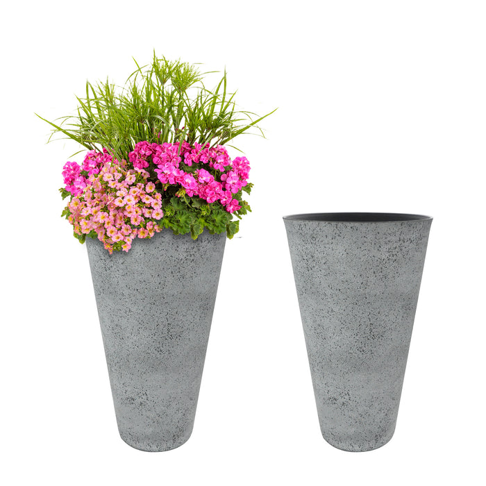 2 Pcs 24"H Tall Planters Plastic Plant Pots with Drainage, 14"W Large Round Tree Pot with Cement Pattern, Cement Gray