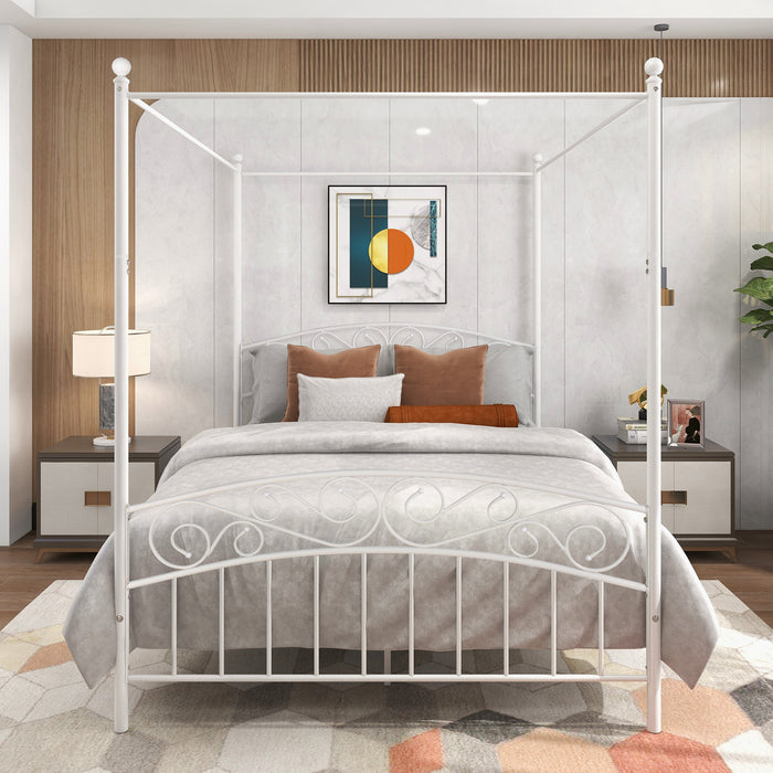 Canopy Bed Frame Queen Size Black Metal 4 Poster Mattress Foundation Modern Post Corner with Headboard for Girls Adults