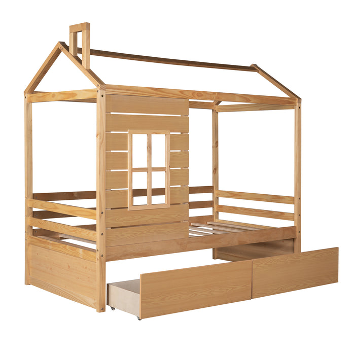 Twin Size House Bed Wood Bed with Two Drawers