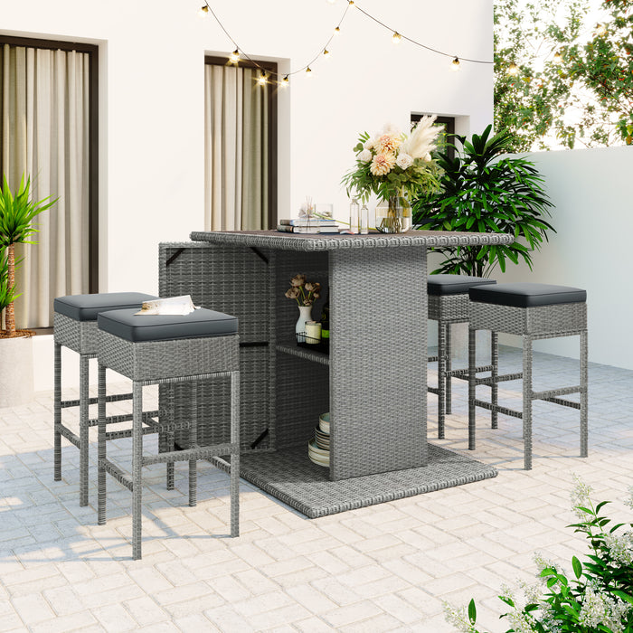 Patio 5-Piece Rattan Dining Table Set, PE Wicker Square Kitchen Table Set with Storage Shelf and 4 Padded Stools for Poolside, Garden, Gray Wicker+Dark Gray Cushion