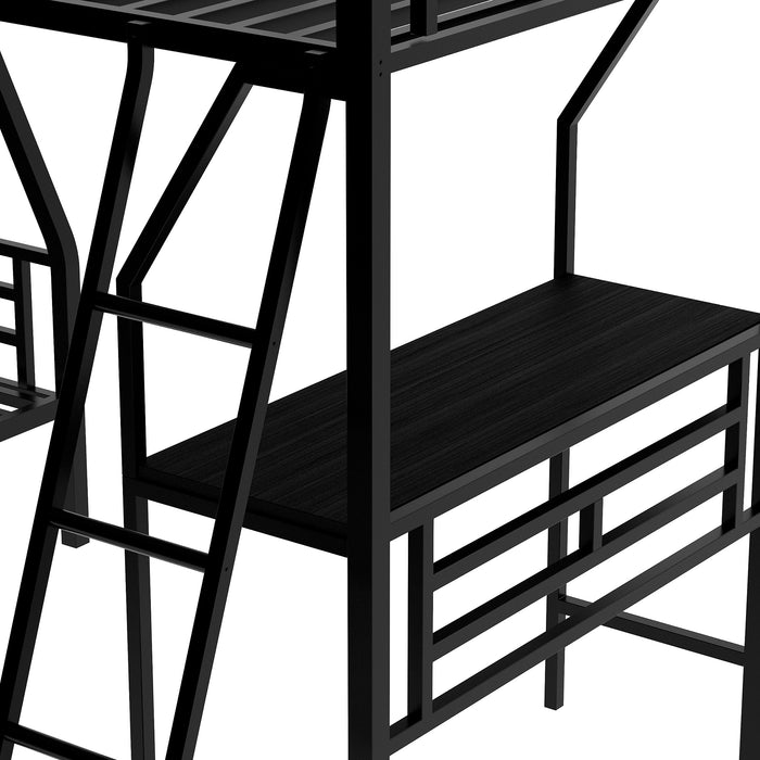 Twin over Full Bunk Bed with a Twin Size Loft Bed attached, with a Desk, Metal