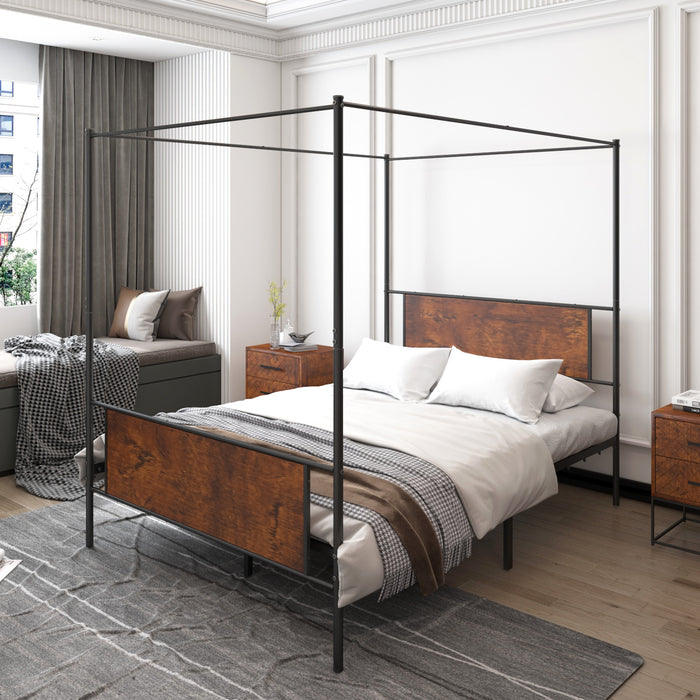Queen Size Canopy Bed Frame with Wooden Headboard