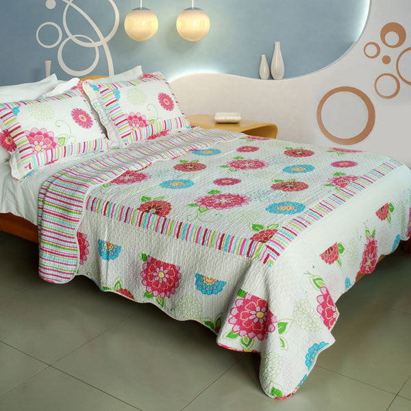 [Pink Fairy Tale] 100% Cotton 3PC Vermicelli-Quilted Patchwork Quilt Set (Full/Queen Size)