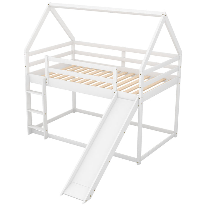 Twin over Twin Low Bunk Bed, House Bed with Ladder , White
