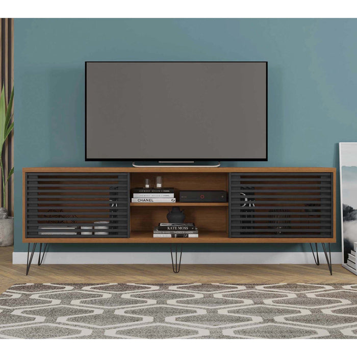 DunaWest Arthur Wooden TV Stand with 2 Slatted Sliding Doors, Walnut Brown and Black