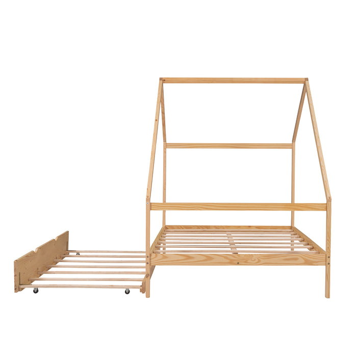 New Space Full Size Wooden House Bed With Twin Size Trundle