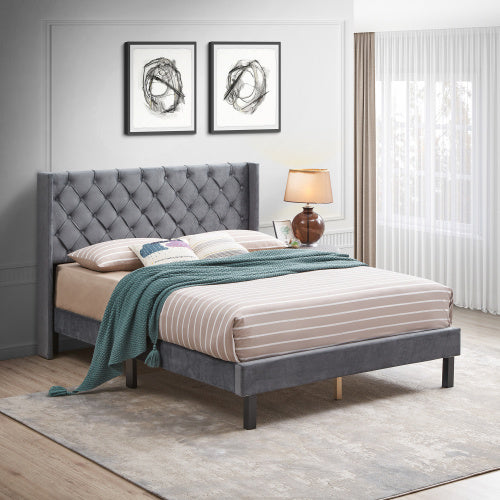 Linen Button Tufted-Upholstered Bed with Curve Design - Strong Wood Slat Support&nbsp;- Easy Assembly - Gray, Queen AL
