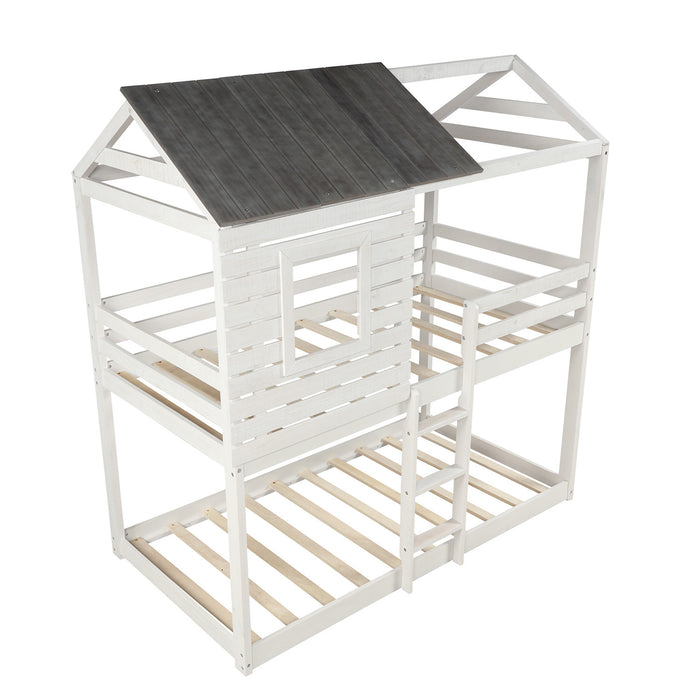 Twin Over Twin Bunk Bed Wood Loft Bed with Roof, Window, Guardrail, Ladder