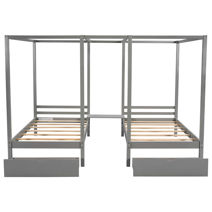 Double Shared Twin Size Canopy Platform Beds with Two Drawers and Built-in Desk