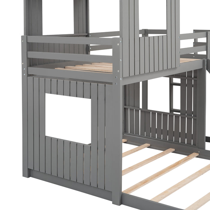 New Space Wooden Twin Over Full Bunk Bed, Loft Bed with Playhouse