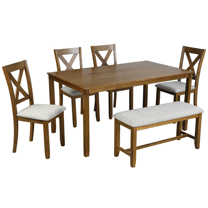 6-Piece Kitchen Dining Table Set Wooden Rectangular Dining Table, 4 Dining Chairs and Bench Family Furniture for 6 People