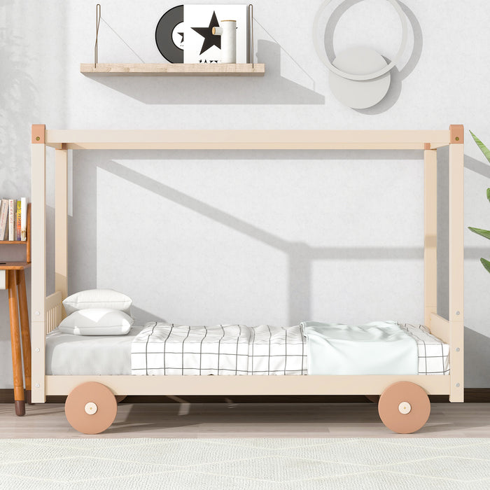 New Space Natural Twin Size Canopy Car-Shaped Platform Bed