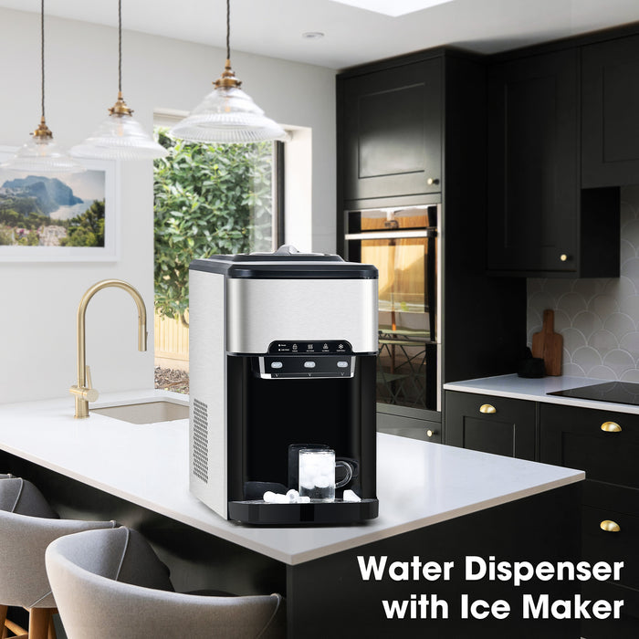 3 in 1 Water Dispenser with Ice Maker Countertop, Portable Water Cooler, Quick 6 Mins Ice-making, Hot & Cold Water and Ice, Top Loading or Bottleless, Stainless Steel