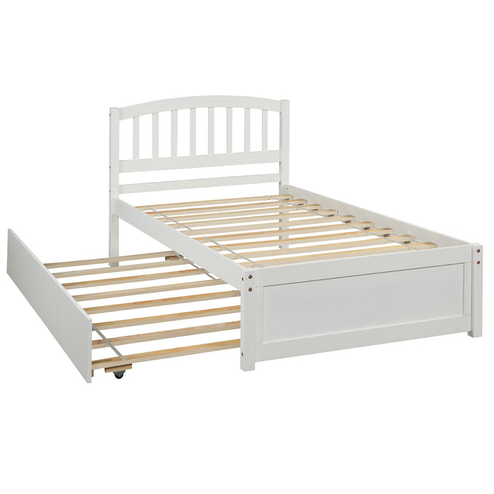 Twin size Platform Bed Wood Bed Frame with Trundle, White RT