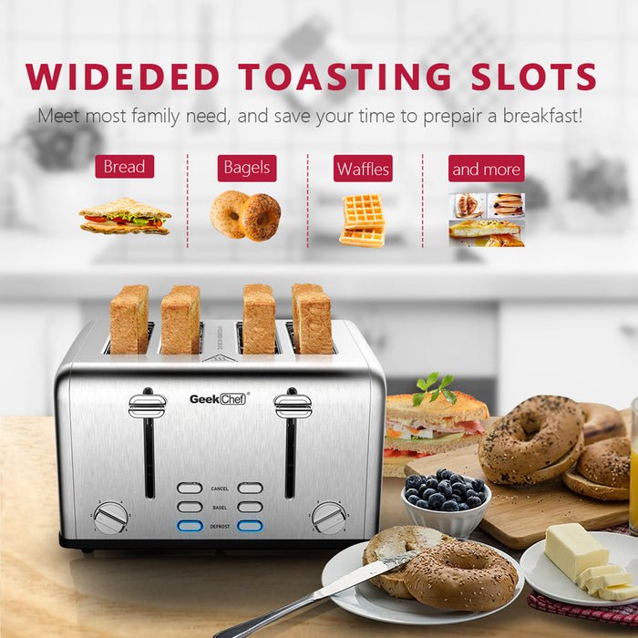 Toaster 4 Slice, Geek Chef Stainless Steel Extra-Wide Slot Toaster with Dual Control Function