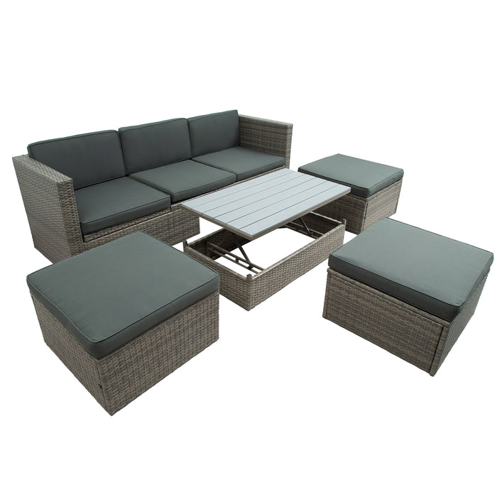 Patio Furniture Sets, 5-Piece Patio Wicker Sofa with Adustable Backrest, Cushions, Ottomans and Lift Top Coffee Table