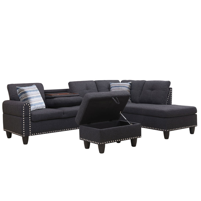 Modern Sectional Sofa Set with Chaise Lounge and Storage Ottoman 6 Seat Corner Sectional Black L Shaped Living Room Couch with Cupholder, Arm with nail, Right chaise
