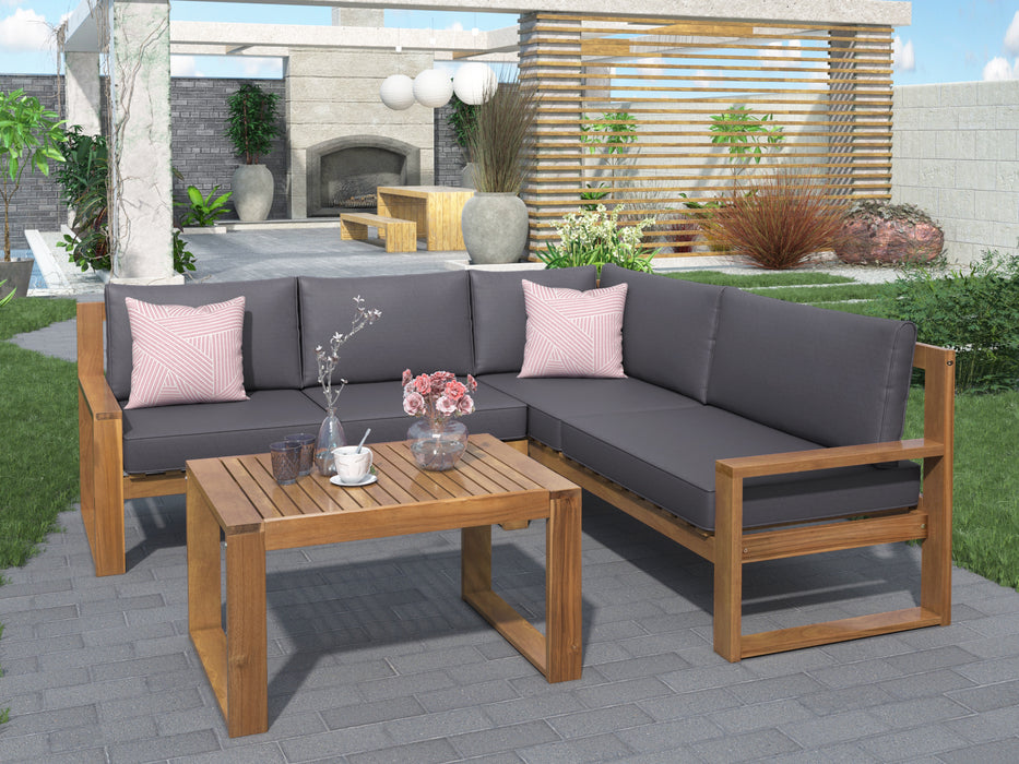 3-Piece Patio Sectional Set Acacia Wood and Grey Cushions Ideal for Outdoors and Indoors