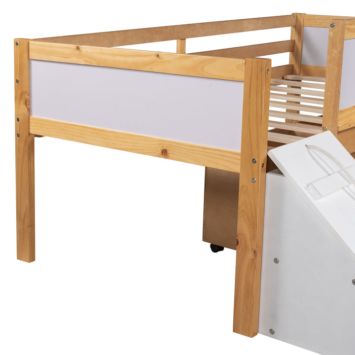 New Space Twin size Low Loft Bed Wooden Bed with Two Storage Boxes