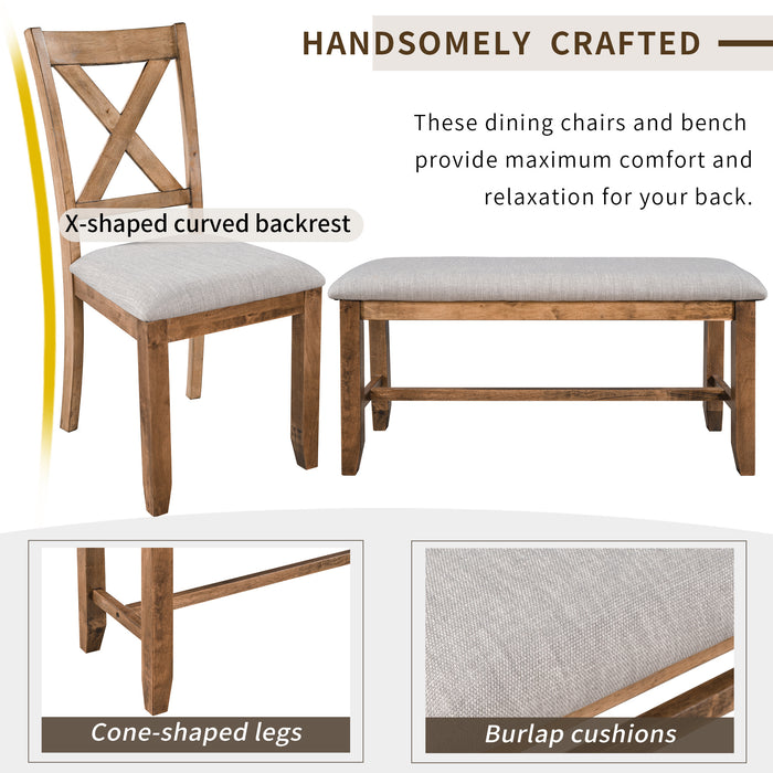 6-Piece Kitchen Dining Table Set Wooden Rectangular Dining Table, 4 Fabric Chairs and Bench Family Furniture