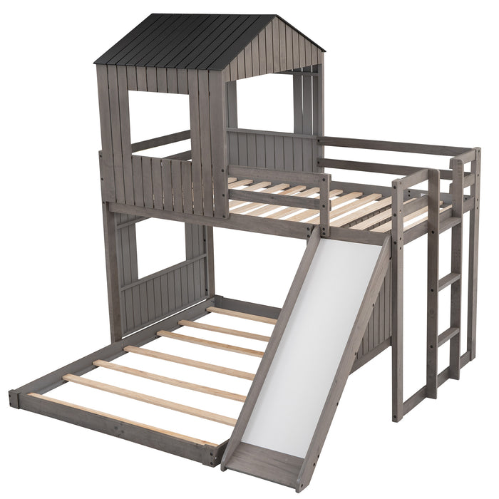 New Space Wooden Twin Over Full Bunk Bed, Loft Bed with Playhouse