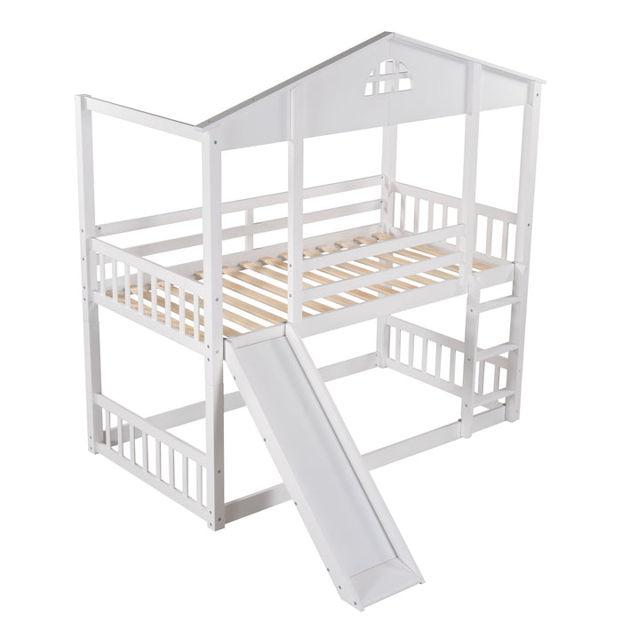 MyRoom Twin Over Twin House Bunk Bed With Convertible Slide And Ladder