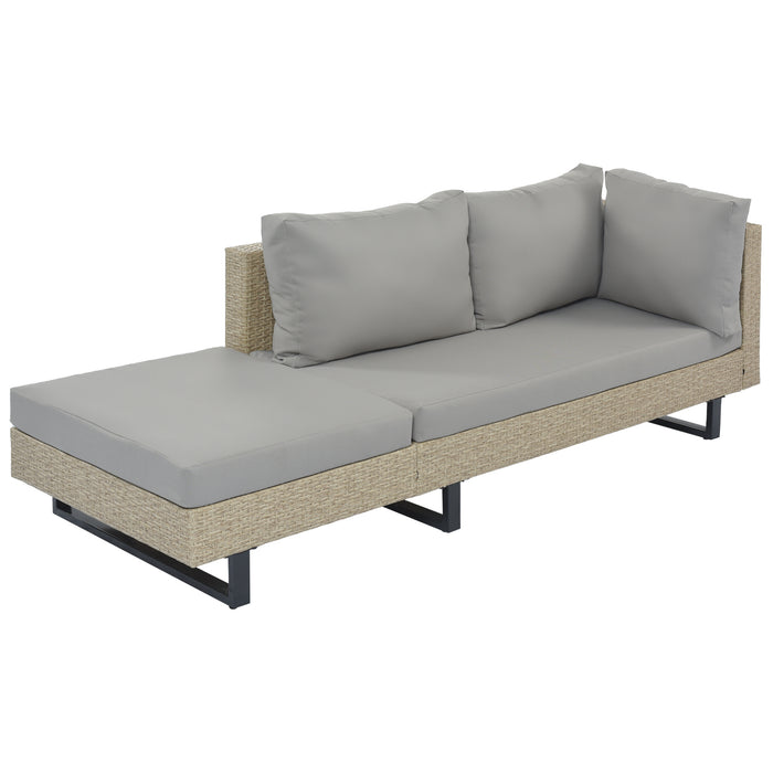 3-piece Outdoor Wicker Sofa Patio Furniture Set, L-shaped Corner Sofa, Water And UV Protected, Two Glass Table, Adjustable Feet And 3.1" Thicker Cushion, Light Gray Cushion and Beige Wicker