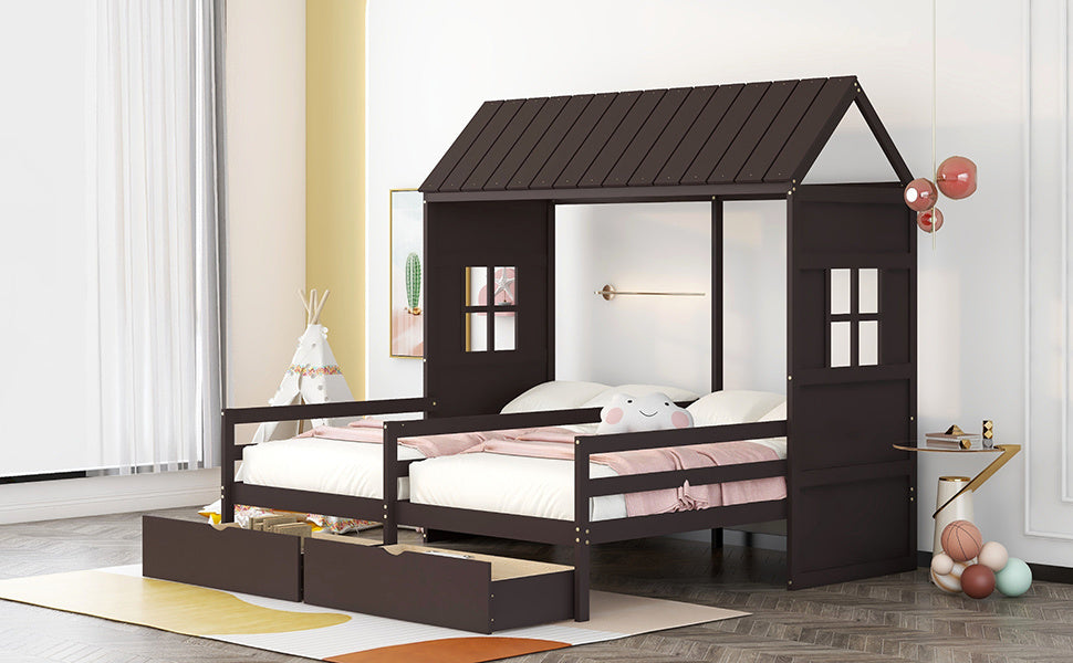 New Space Twin Twin House Bed with 2 Drawers White