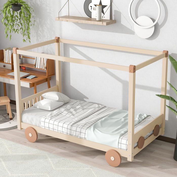 New Space Natural Twin Size Canopy Car-Shaped Platform Bed