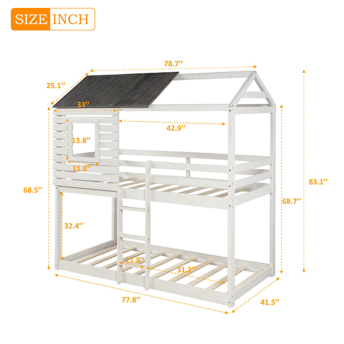 Twin Over Twin Bunk Bed Wood Loft Bed with Roof, Window, Guardrail, Ladder