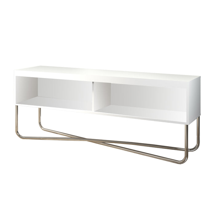 DunaWest 53 Inch TV Stand with 2 Open Compartments and Tubular Metal Frame, White and Chrome