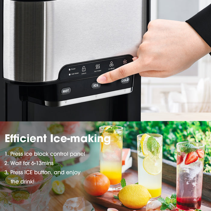 3 in 1 Water Dispenser with Ice Maker Countertop, Portable Water Cooler, Quick 6 Mins Ice-making, Hot & Cold Water and Ice, Top Loading or Bottleless, Stainless Steel
