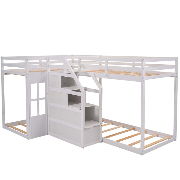 Twin over Twin L-Shaped Bunk Bed with Built-in Middle Staircase