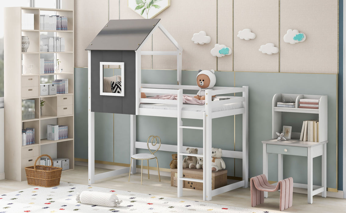 Twin Size Loft Bed with Roof, House Bed, Gray and White