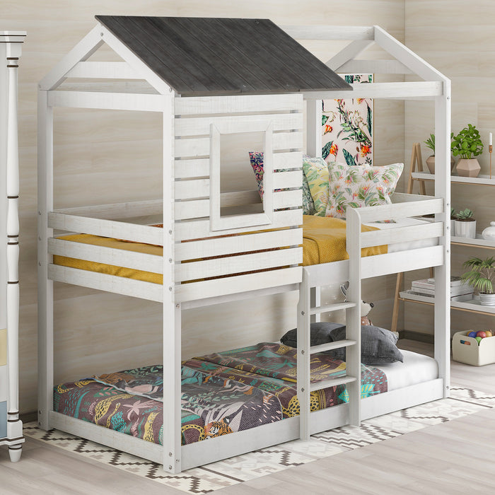 Twin Over Twin Bunk Bed Wood Loft Bed with Roof, Window, Guardrail, Ladder
