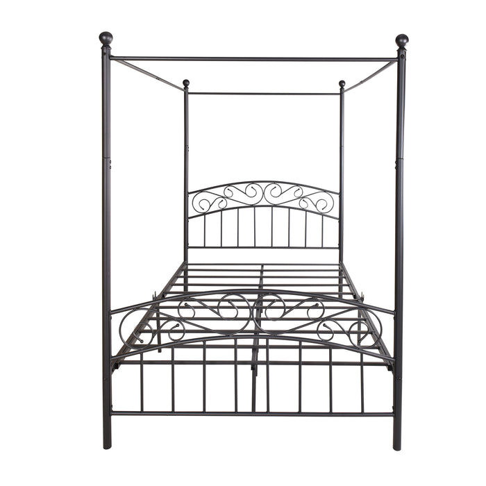 Metal Canopy Bed Frame with Ornate European Style Headboard &amp; Footboard Sturdy Steel Holds 600lbs Perfectly Fits Your Mattress Easy DIY Assembly All Parts Included, Full Black